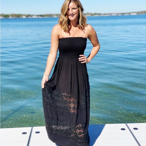 Chelsea 28 Farrah Smocked Cover-Up Black Strapless Crochet Maxi Dress Size M - Picture 8 of 16